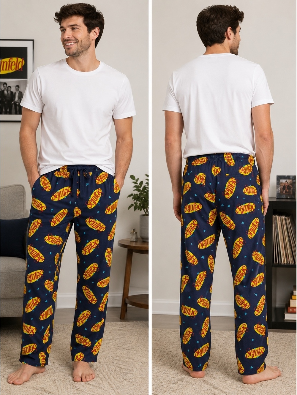 Seinfeld Men’s Pajama Lounge Pants Small Navy All Over Logo 100% Cotton